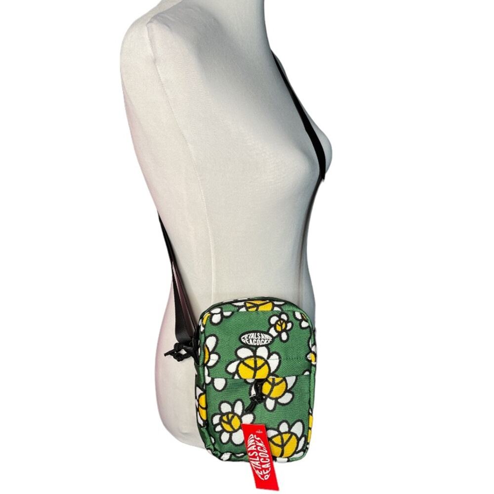 Petals and Peacocks Flowers and Peace Sign Crossbody Camera Bag Green